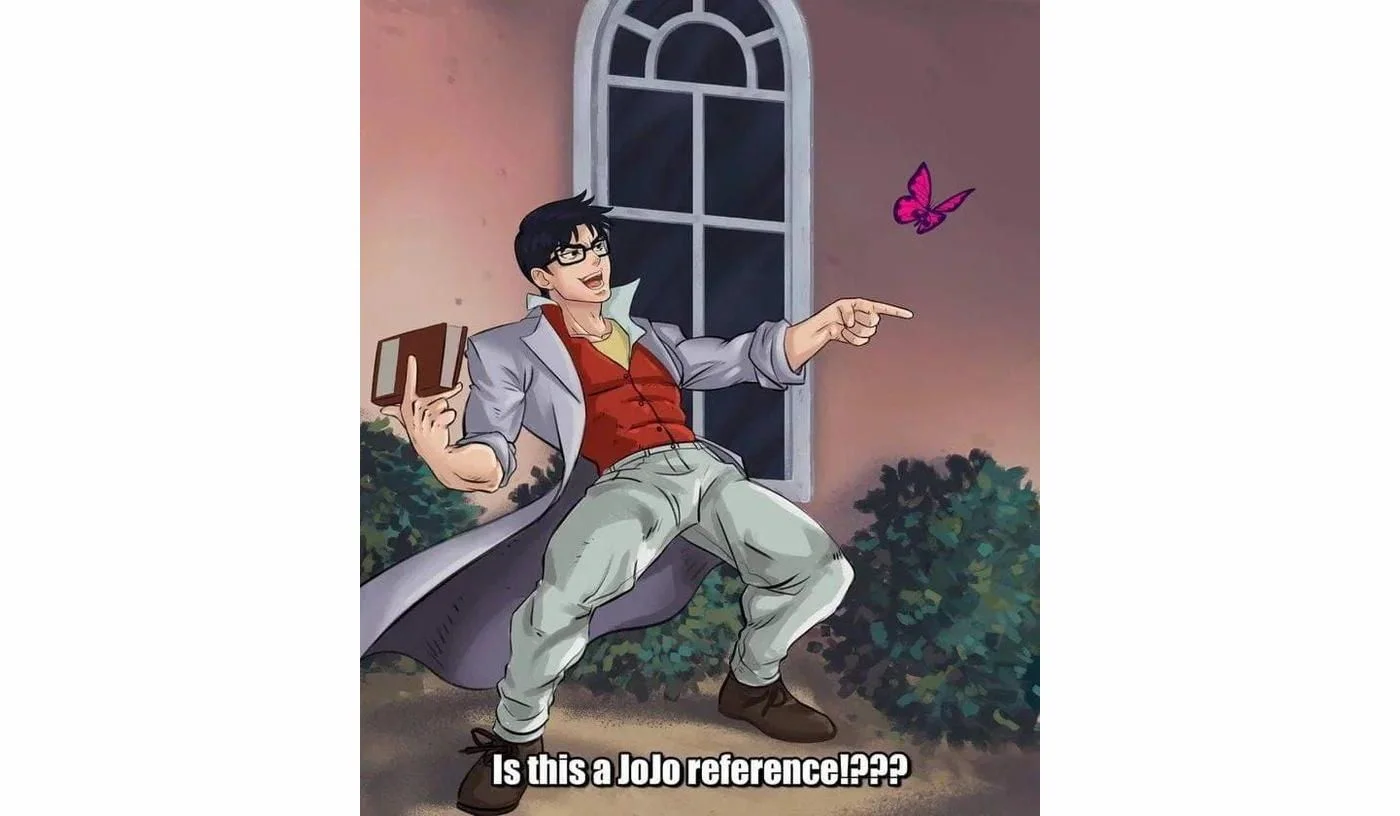 Is That a Jojo Reference — Anime character in dramatic pointing pose with text 'Is this a Jojo reference!???' at bottom.