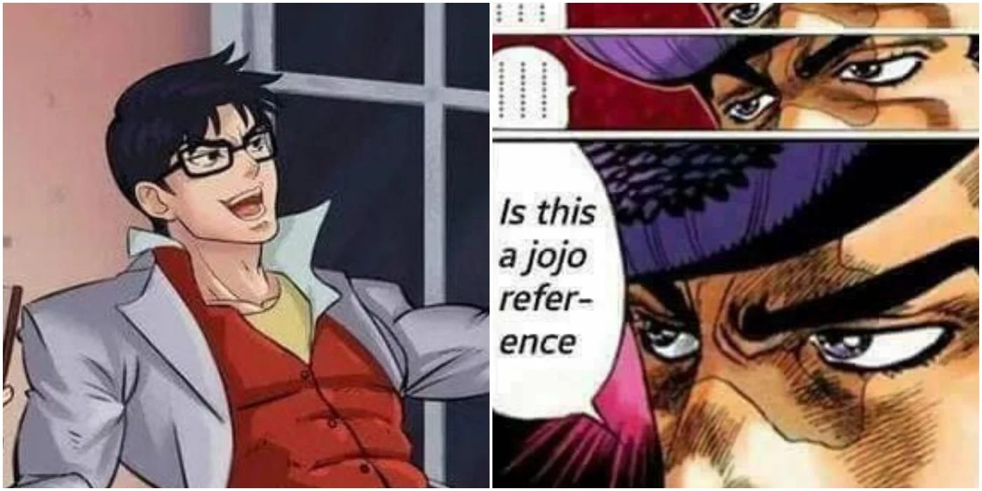 Is That a Jojo Reference — Split-panel meme contrasting casual anime character with JoJo's Bizarre Adventure art style with 'Is this a jojo reference' text.
