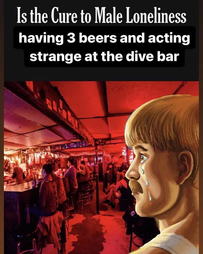 Is The Cure To Male Loneliness Out On The Pickleball Court — Dive bar meme edit with crying man face and beer-related caption