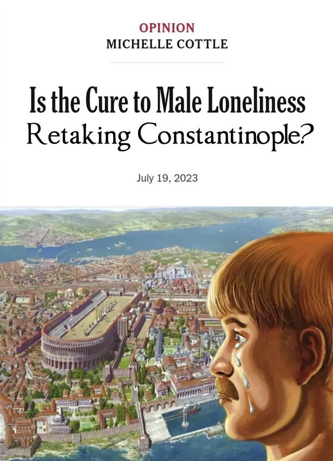 Is The Cure To Male Loneliness Out On The Pickleball Court — Parody NYT headline about retaking Constantinople with Byzantine cityscape illustration