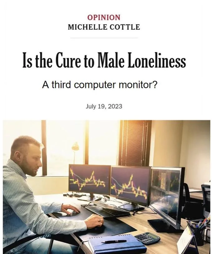Is The Cure To Male Loneliness Out On The Pickleball Court — Parody headline about a third computer monitor above a day trader at multi-monitor desk