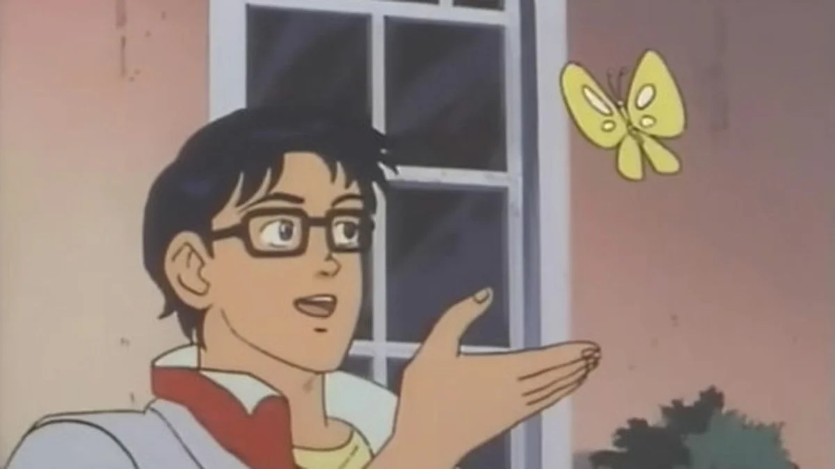 Anime Butterfly Is This — The iconic original meme template from the 1991 anime 'The Brave Fighter of Sun Fighbird' showing an android character confidently