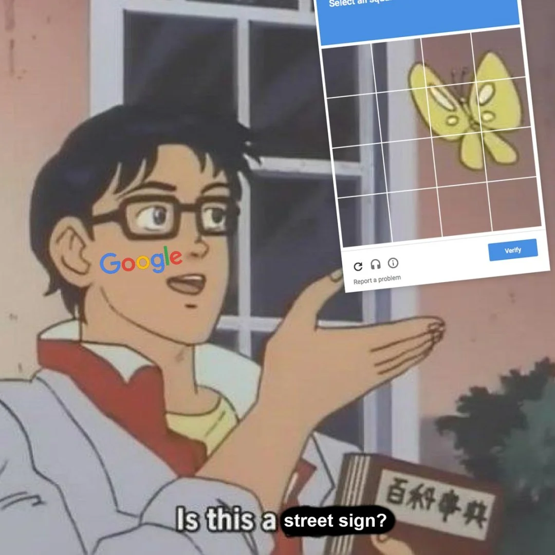 Anime Butterfly Is This — Variant of the meme featuring the anime character with a Google Lens interface, absurdly asking if a butterfly is a street sign
