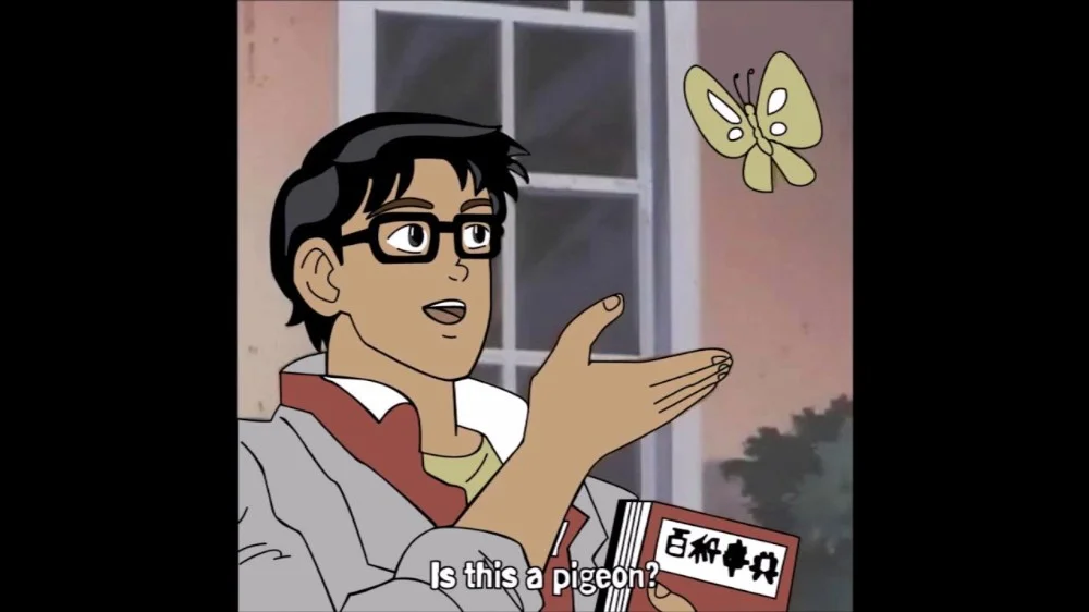 Anime Butterfly Is This — Very clean version of the meme with the character pointing at a yellow butterfly and barely-visible text with black borders, close to