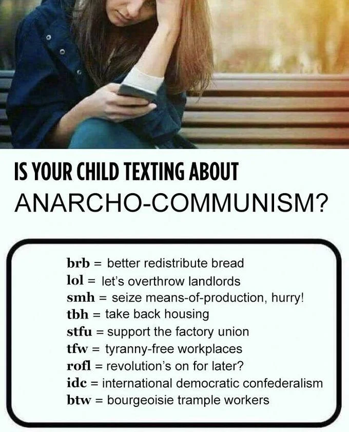 Meme captioned 'Is your child texting about communism' with joke Marxist glossary
