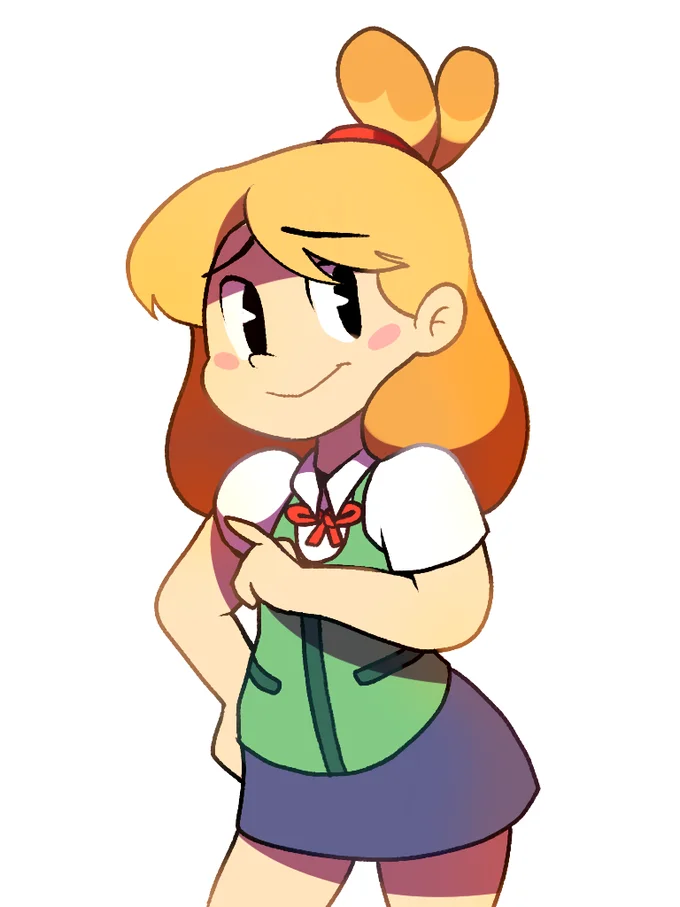Professional anime-style illustration of Isabelle in green and purple Animal Crossing outfit.