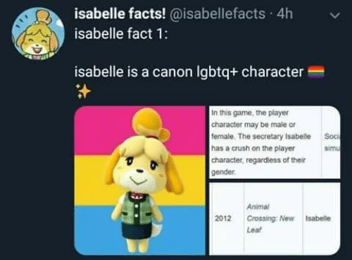 Twitter screenshot from @isabellefacts showing Isabelle with pink, yellow, blue colors and game data.