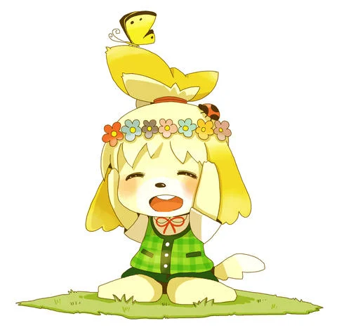 Charming illustration of Isabelle with flower crown surrounded by grass and floral elements.
