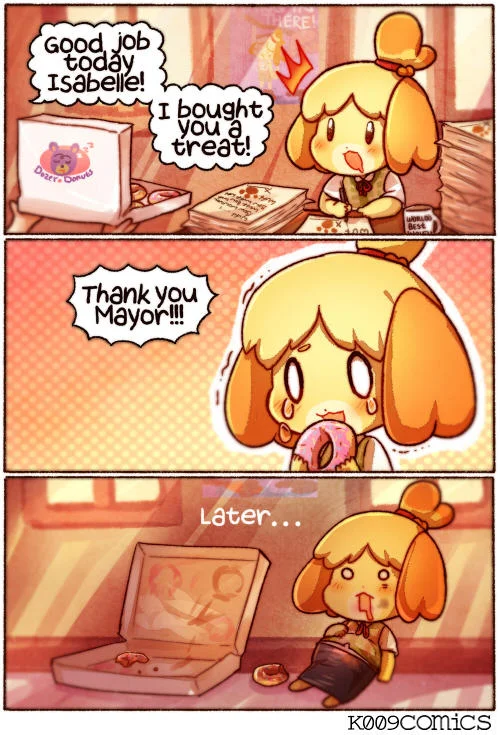 Three-panel comic showing Isabelle excited then disappointed upon receiving gift.
