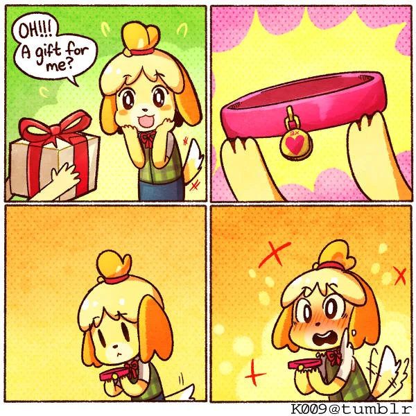 Four-panel comic showing Isabelle's escalating extreme excitement upon receiving pink purse.