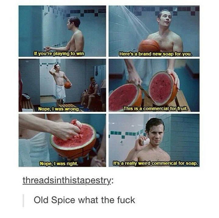 Isaiah Mustafa: Old Spice — Six-panel comic parody of an Old Spice shower ad involving a basketball and a watermelon