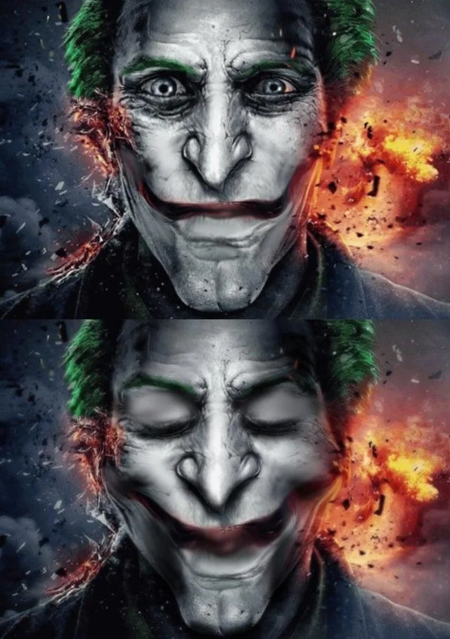 Ishowspeed Smiling Trying Not To Laugh — Two panels of the Joker with green hair, first with a wide grin, then with closed eyes and a smile, mimicking the