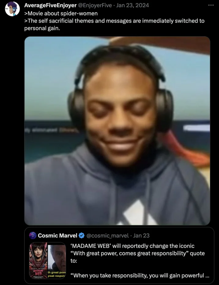 Ishowspeed Smiling Trying Not To Laugh — Tweet screenshot showing IShowSpeed smiling in headphones as a reaction to a post about the Madame Web movie.