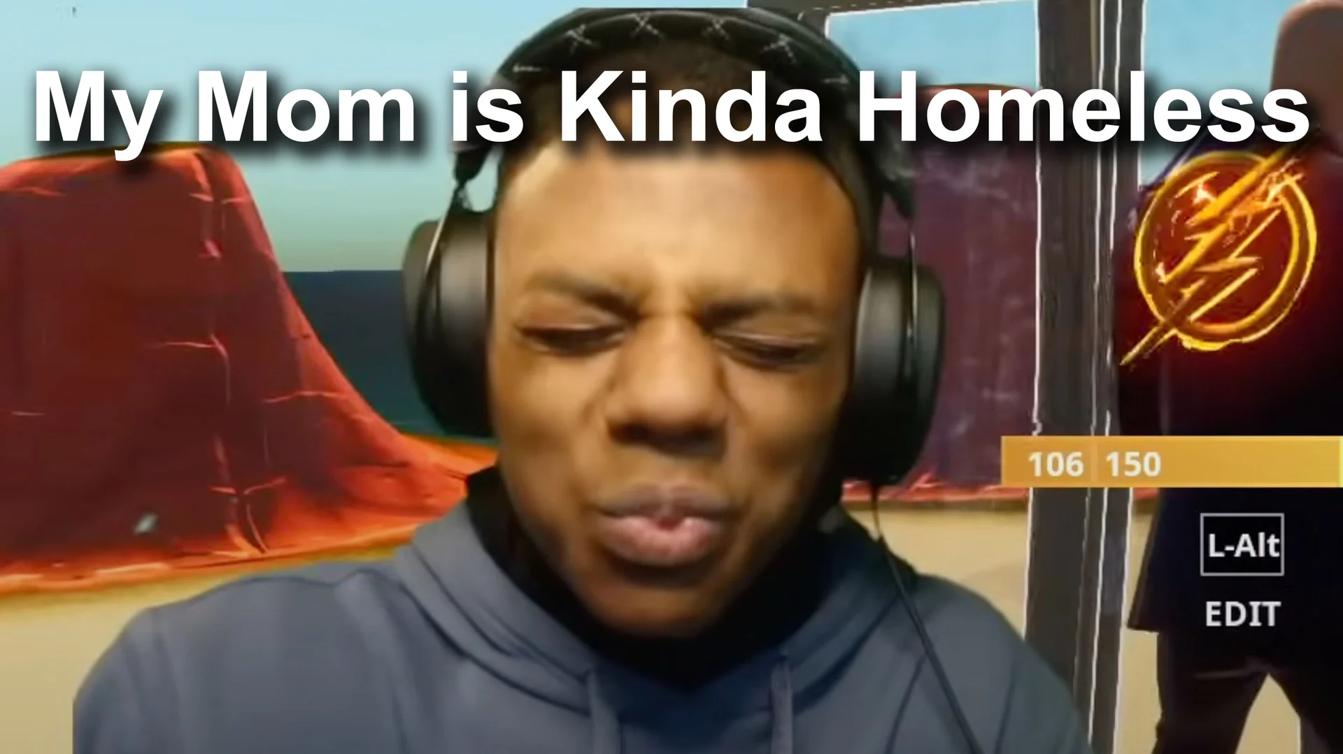 Ishowspeed Smiling Trying Not To Laugh — IShowSpeed scrunching his face trying not to laugh with the caption 'My Mom is Kinda Homeless' above.