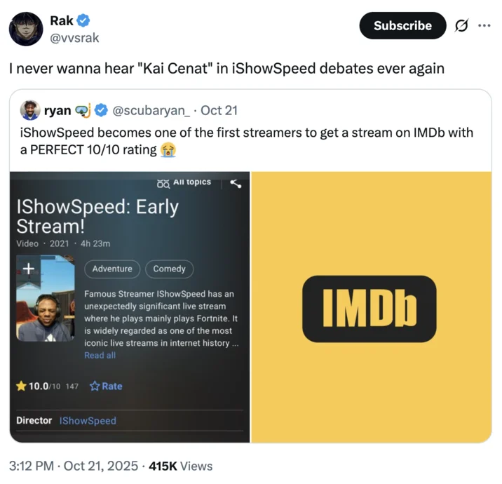 Ishowspeeds Early Stream — Tweet showing a mock IMDb listing for 'IShowSpeed: Early Stream!' with a perfect 10/10 rating.