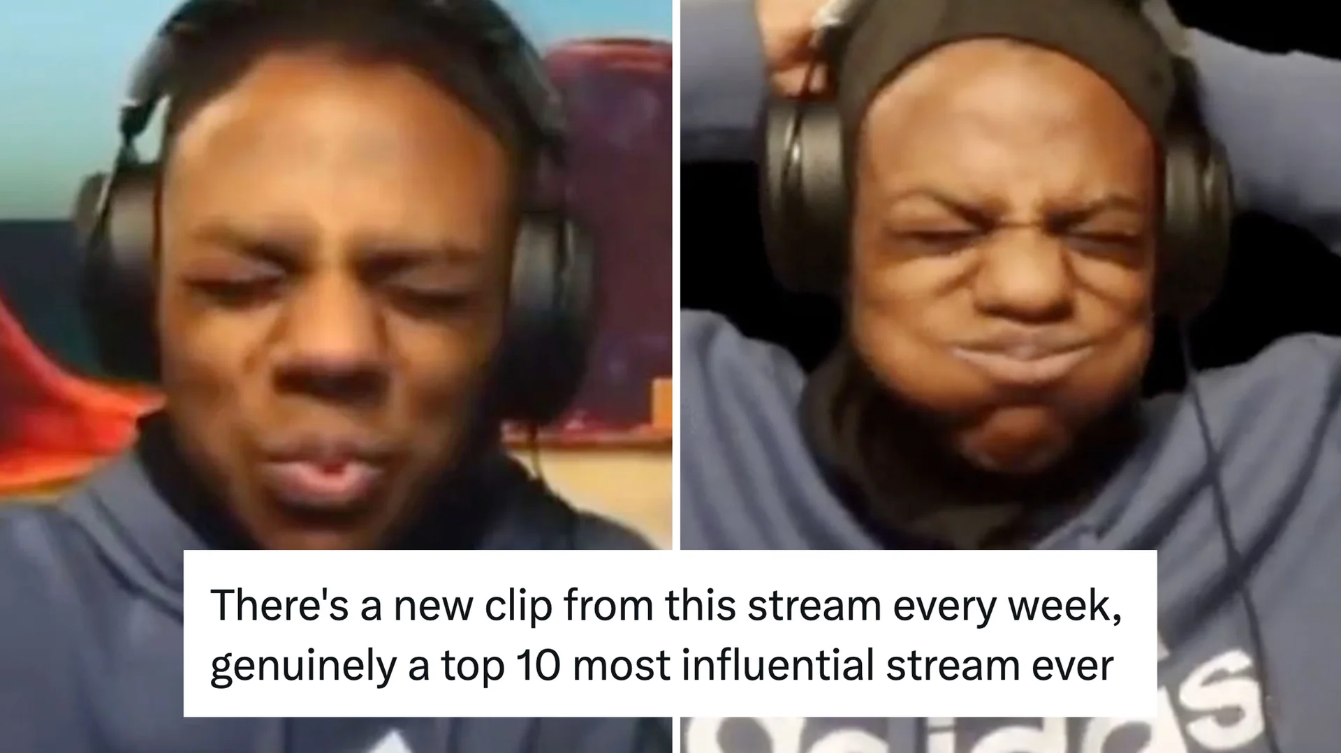 Ishowspeeds Early Stream — Two-panel image of iShowSpeed making exaggerated faces with a tweet overlay calling the stream one of the most influential ever.