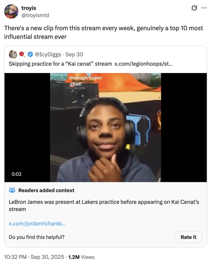 Ishowspeed Smiling Trying Not To Laugh — Tweet screenshot showing IShowSpeed smiling with his hand on chin, discussing a Kai Cenat stream with LeBron James