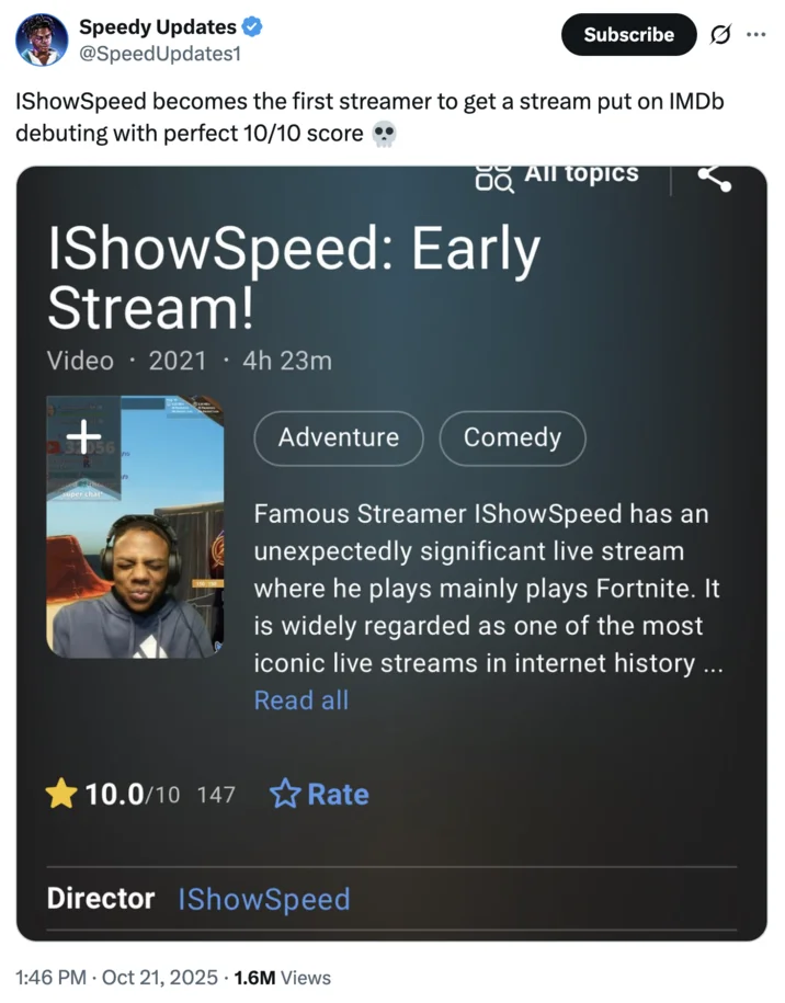 Ishowspeeds Early Stream — Tweet using an iShowSpeed wide-eyed reaction GIF to caption a 'woman at the bank thought I was 14' post.