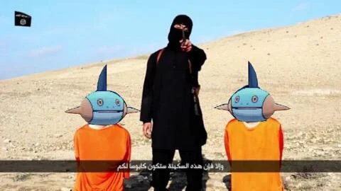Isis Crappy Collage Grand Prix — Example showing crude MS Paint-style shark heads photoshopped over hostages in original still.