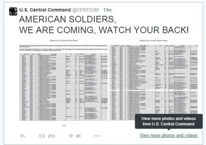 ISIS — Screenshot of hacked CENTCOM tweet leaking Army officer roster