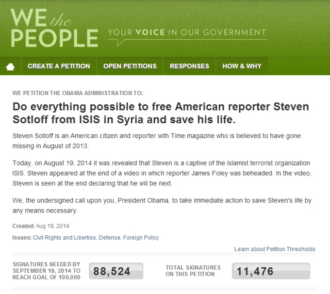 ISIS — Screenshot of White House We the People petition to free Steven Sotloff