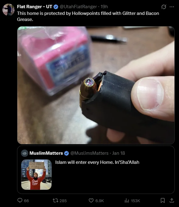 Twitter screenshot joking about hollowpoints filled with glitter and bacon grease in response to a MuslimMatters tweet about Islam