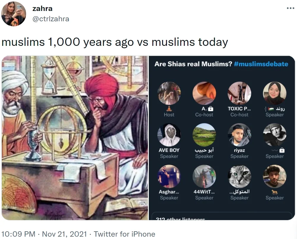 Tweet comparing an Islamic Golden Age scholar to a modern Twitter Spaces debate about Shias