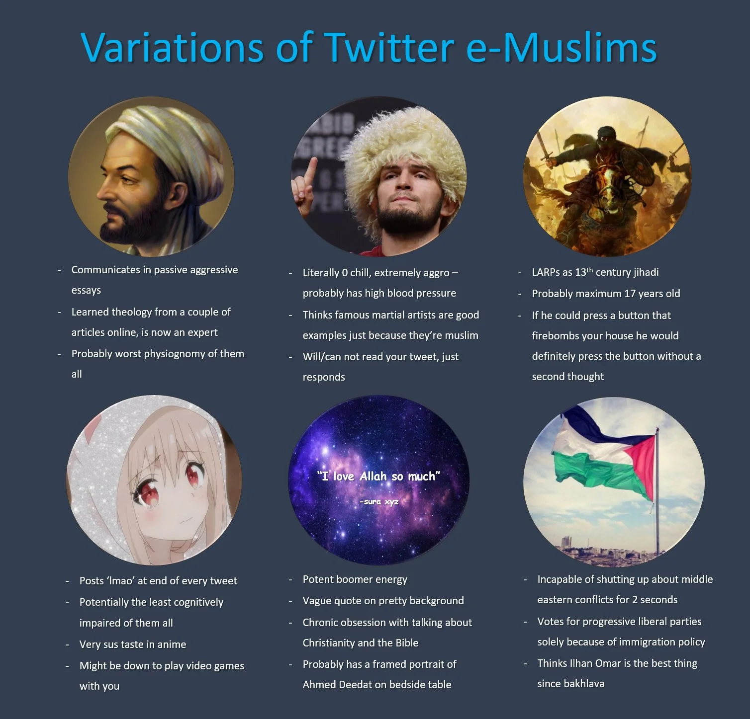 Islam — Infographic categorizing six types of Muslim Twitter users with satirical descriptions
