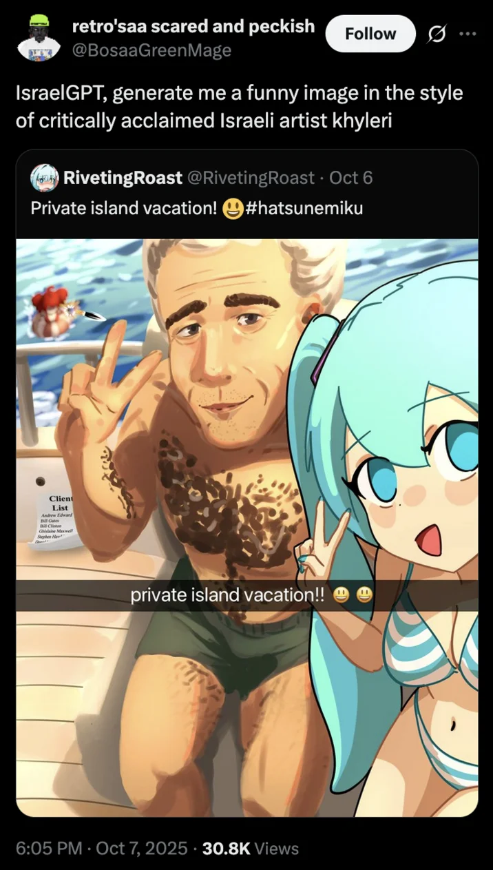 Tweet showing IsraelGPT generating a khyleri-style illustration of Epstein and Hatsune Miku