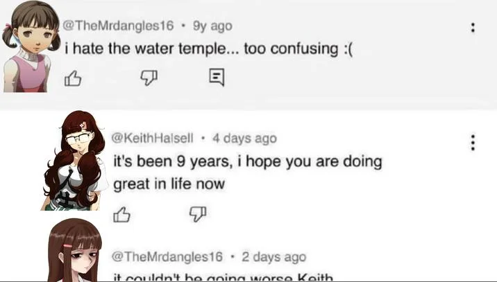 It Couldnt Be Going Worse Keith — Persona characters overlaid on the Keith YouTube comment thread