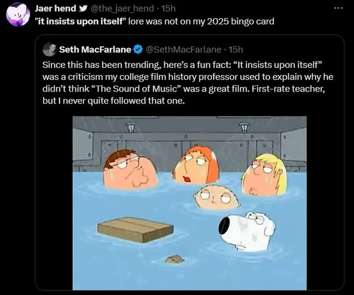 Family Guy flood scene captioned 'It Insists Upon Itself' in bold white text