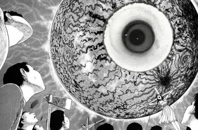 It Lives In My Sink — Junji Ito manga panel edited with the sink-eye on a giant sphere above fleeing figures