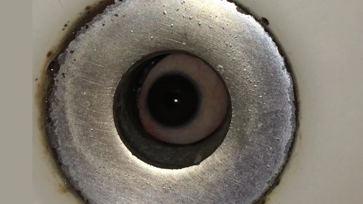 It Lives In My Sink — Close-up of a sink drain with a realistic eyeball visible staring up through the hole