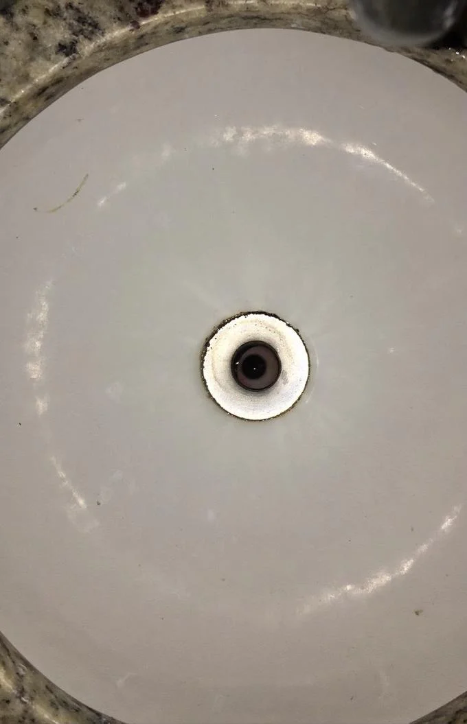 It Lives In My Sink — White sink basin with a small eye visible in the center drain