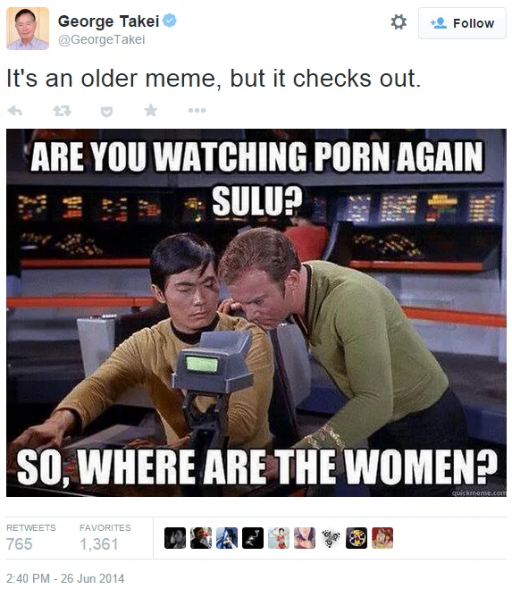 Screenshot of George Takei's 2014 tweet using the phrase 'It's an older meme, but it checks out'
