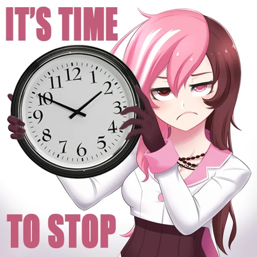 Doki Doki Literature Club edit with Filthy Frank in a pink wig holding a clock, dialogue box saying 'IT'S TIME TO STOP'.