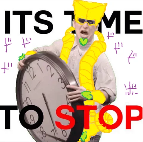 Animated GIF of Filthy Frank holding a clock with the caption 'IT'S TIME TO STOP!' on a green screen.