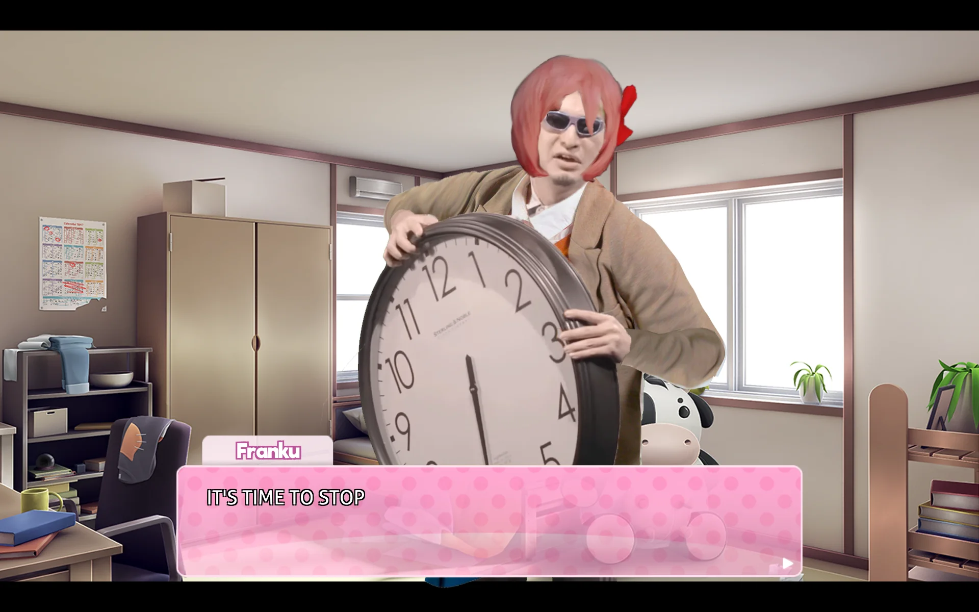 Animated GIF of Filthy Frank with clock and 'IT'S TIME TO STOP!' caption on a green background.