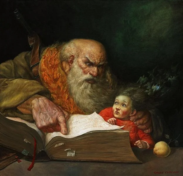 It Says You're Gay — Original oil painting of an old bearded man showing a book to a young child in a red garment
