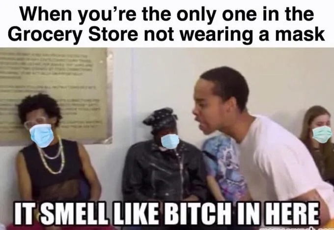 It Smell Like Bitch In Here — COVID-19 mask variation of the meme with surgical masks edited onto the other people