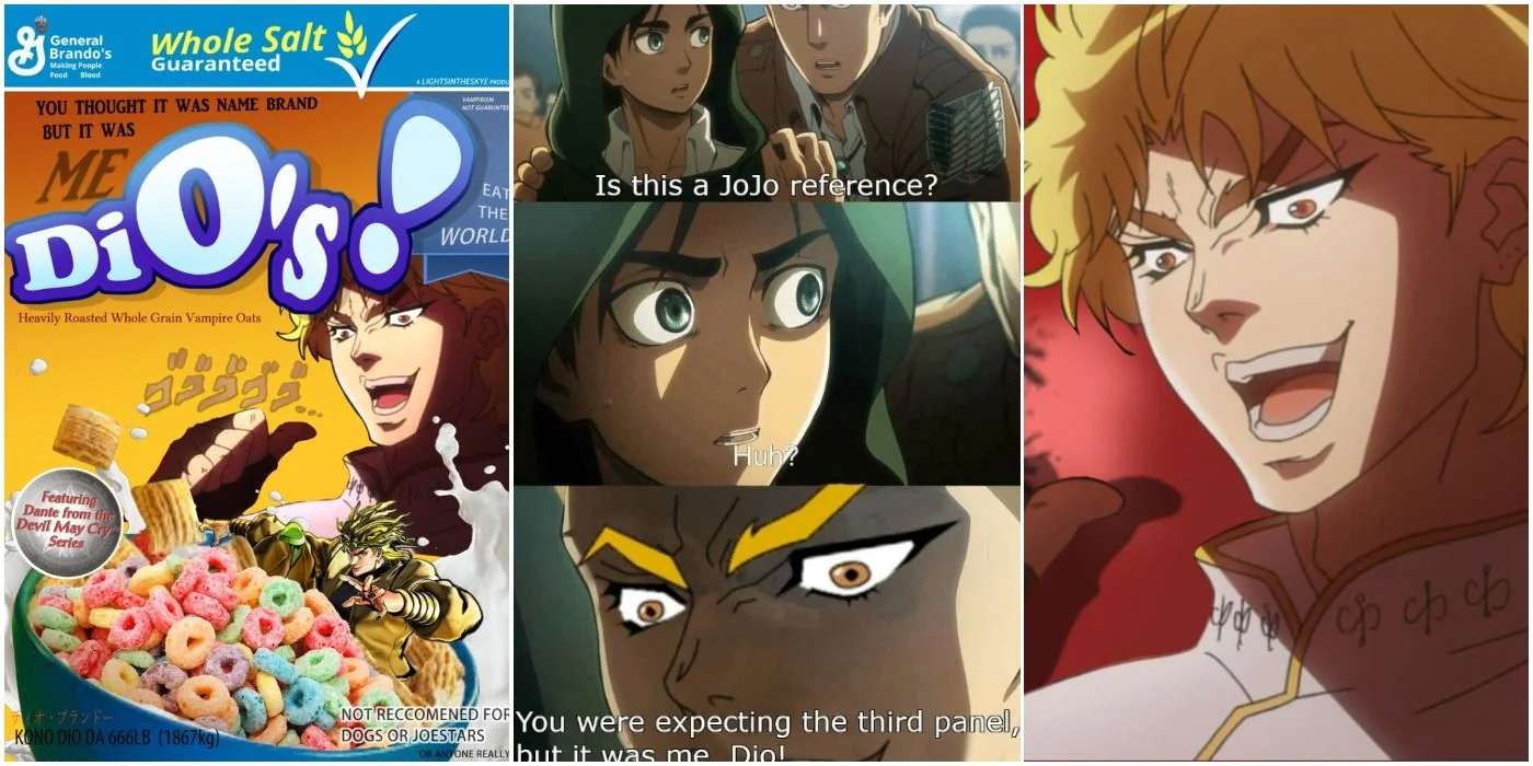 It Was Me Dio — Collage combining breakfast cereal, anime frames, and Dio with 'Is this a JoJo reference?' text.