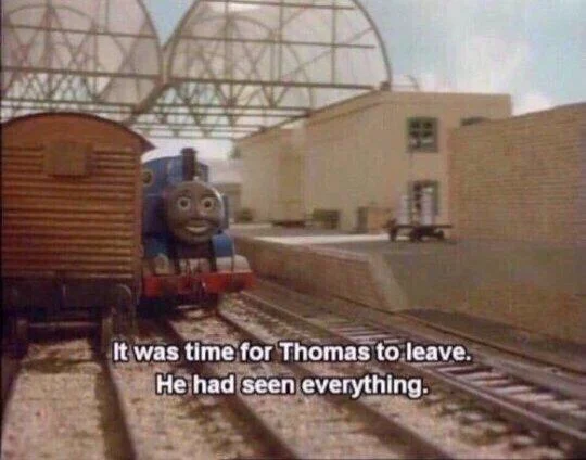 Compressed screenshot of Thomas the Tank Engine with subtitle 'It was time for Thomas to leave.'