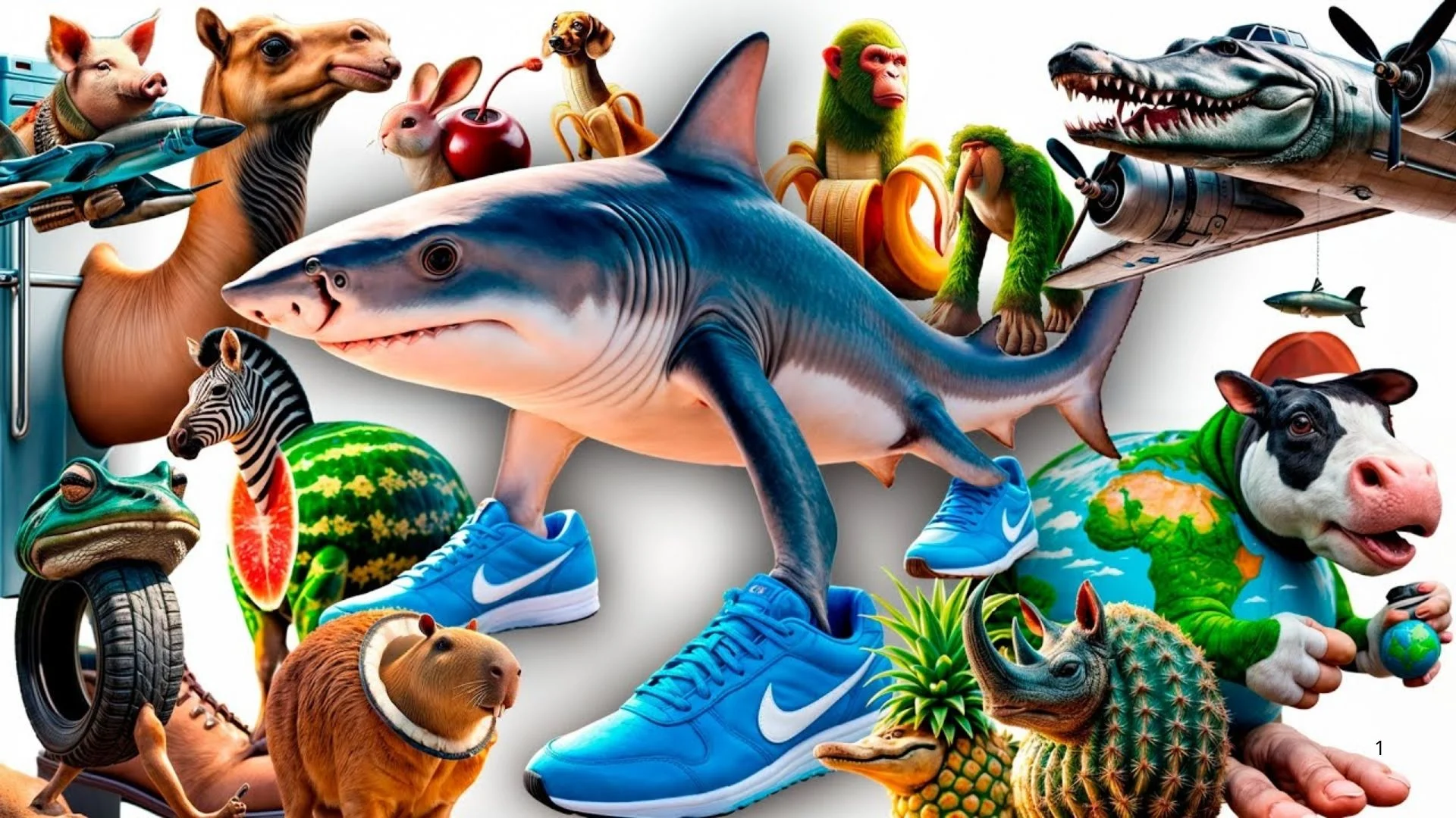 Italian Brainrot Ai Italian Animals — Collage of Italian Brainrot AI-generated meme characters including shark with Nike shoes, camel with gun, and various