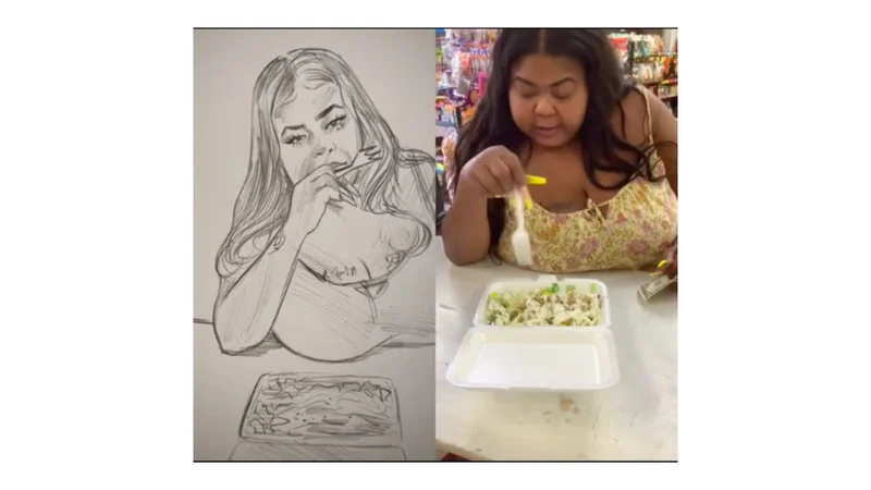 Its A Chicken Salad From 81St Deli — Split-panel comparison with hand-drawn sketch of woman eating salad on left and viral video still from 81st Deli on right.