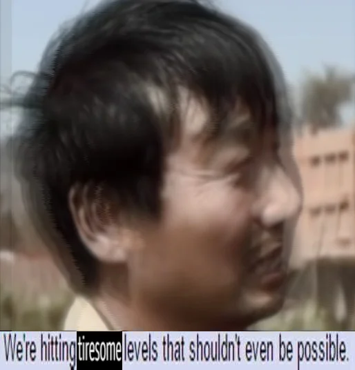 It's All So Tiresome — Close-up of Chinese worker with subtitle about black drivers accelerating.