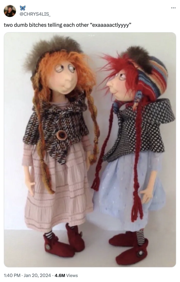 It's Always 2 Dumb Bitches Telling Each Other "Exactlyyyyy" — Tweet showing full-body photo of two side-eyeing dolls with the exaaaaactlyyyy caption