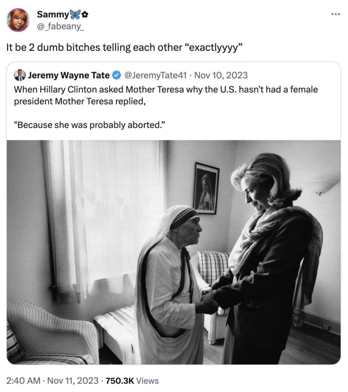 It's Always 2 Dumb Bitches Telling Each Other "Exactlyyyyy" — Tweet pairing the exactlyyyy catchphrase with Hillary Clinton meeting Mother Teresa