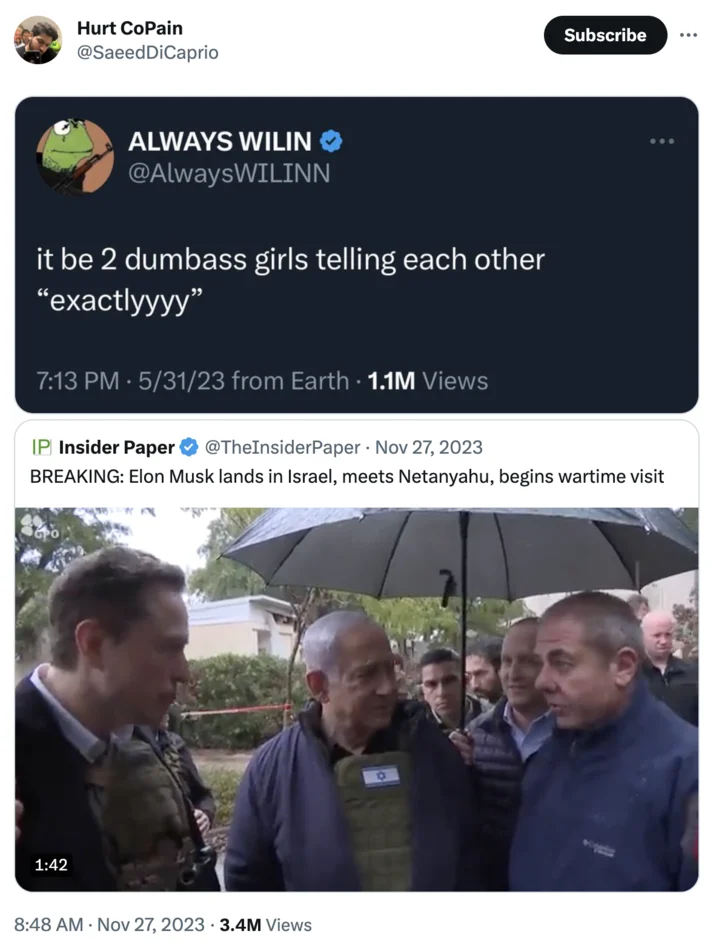 It's Always 2 Dumb Bitches Telling Each Other "Exactlyyyyy" — Tweet pairing the exactlyyyy catchphrase with Elon Musk and Netanyahu wartime visit