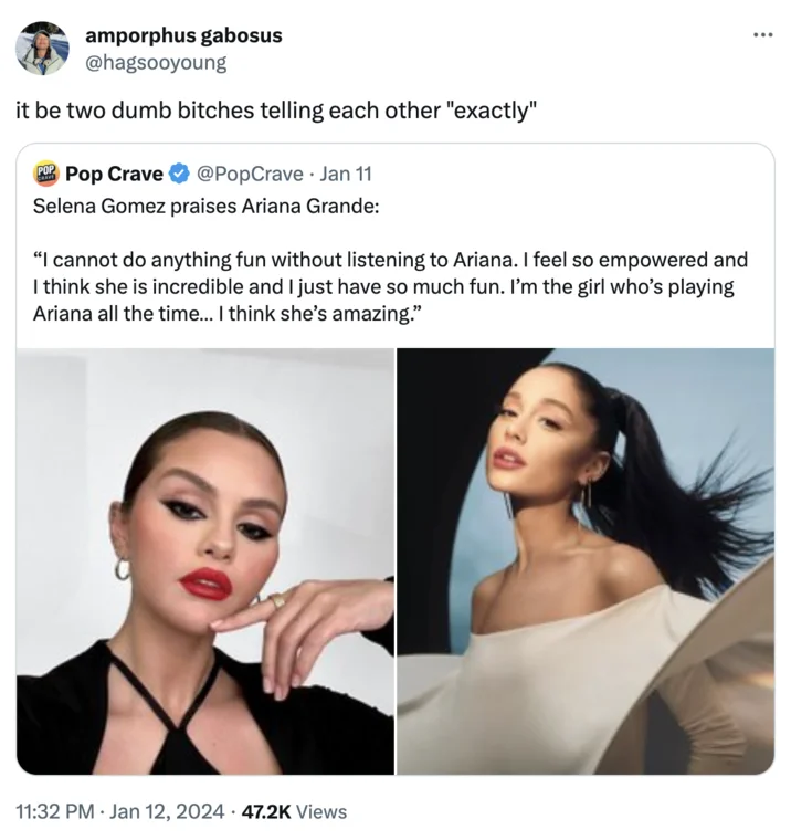 It's Always 2 Dumb Bitches Telling Each Other "Exactlyyyyy" — Tweet applying the exactly catchphrase to Selena Gomez praising Ariana Grande