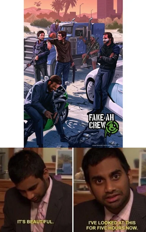 It's Beautiful I've Looked At This For Five Hours Now — GTA V style Fake AH Crew art above the two 'it's beautiful' Aziz Ansari panels